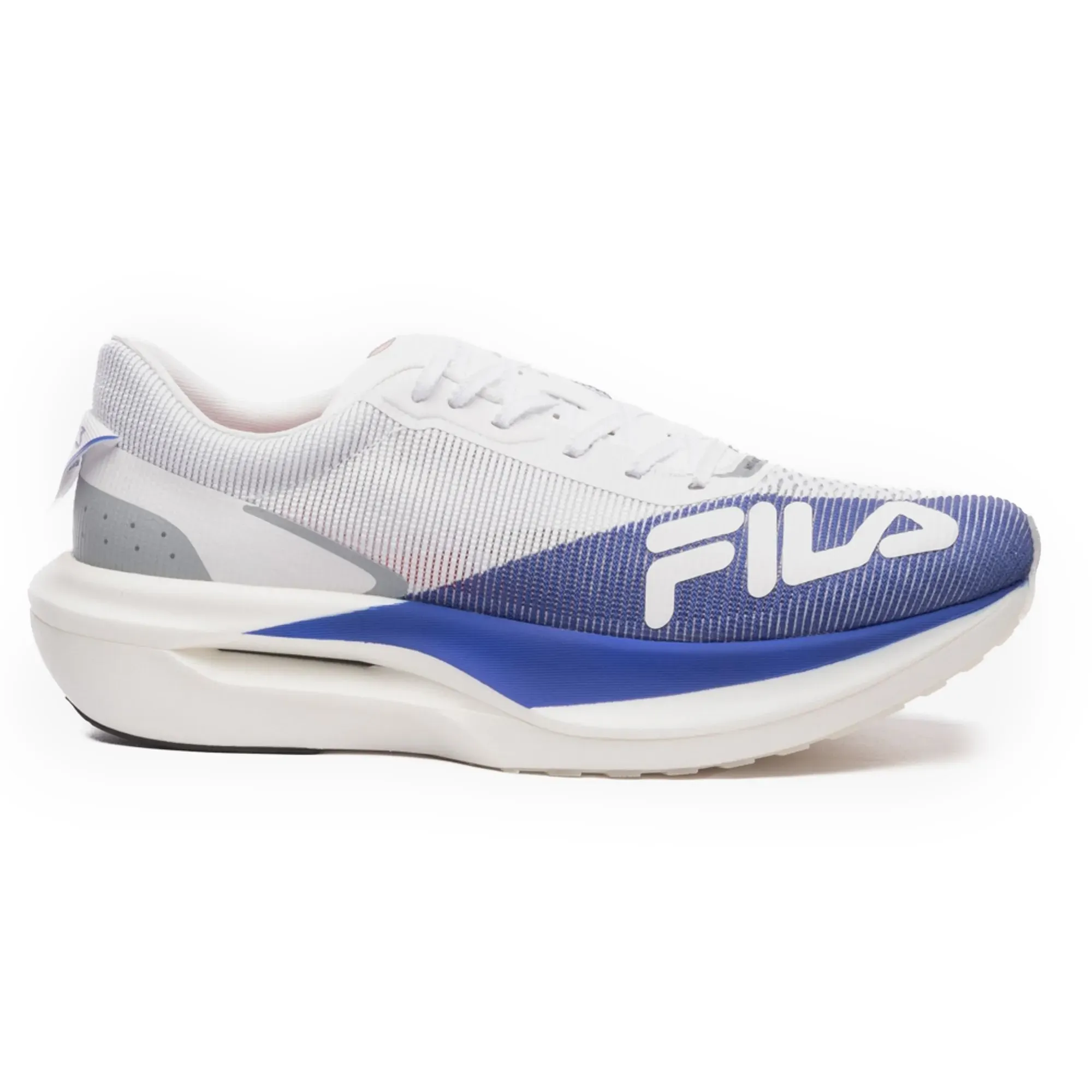 Tênis de corrida feminino branco com detalhes em azul royal e cinza, design respirável e solado branco com detalhes azuis
